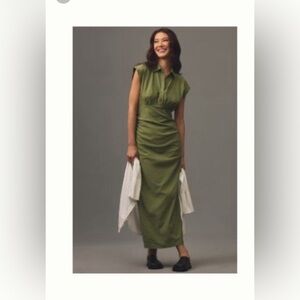 Cap-Sleeve V-Neck Ruched Slim Midi Dress